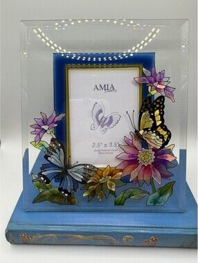 Vtg Glass Hand Painted Picture Frame Flowers & Butterflies By Amia